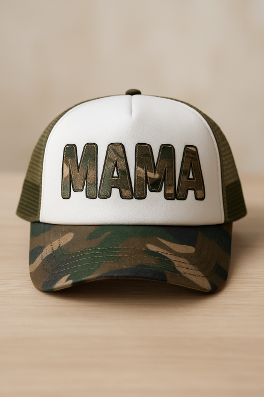 MAMA Camo Trucker Hat – White, Green & Camo