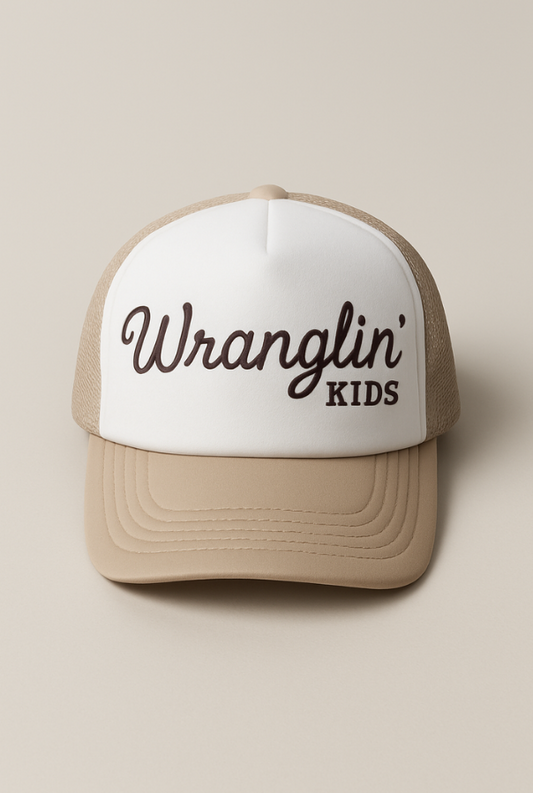 Wranglin’ Kids Trucker Hat – Beige & White